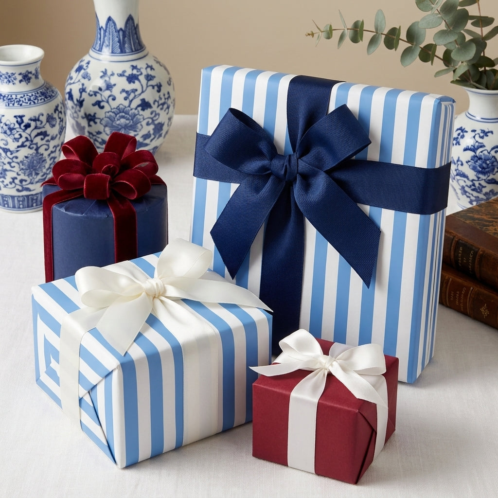 Luxury blue and white striped wrapping paper with elegant bows on gift boxes by Wrapped Studios.