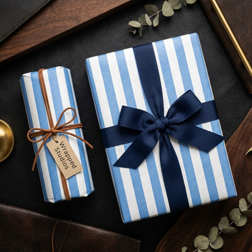 Blue and white striped wrapping paper with navy ribbon, luxury birthday gift wrap by Wrapped Studios.