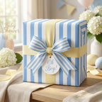 Blue striped baby shower wrapping paper with 'Oh Boy!' tag, by Wrapped Studios.