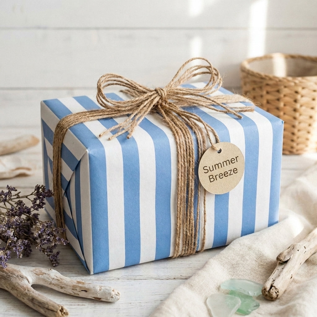Blue and white striped nautical wrapping paper with a rustic twine bow by Wrapped Studios.