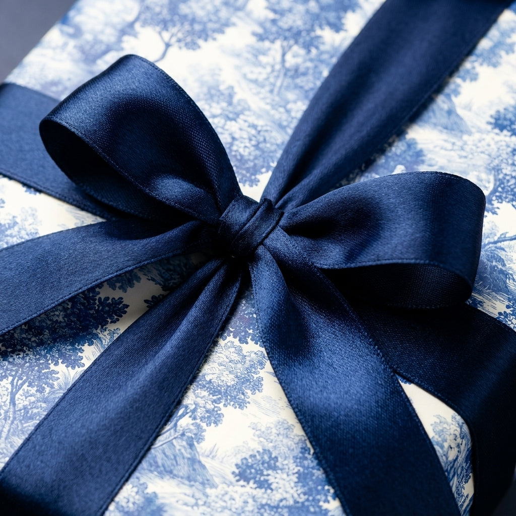 Luxury blue toile wrapping paper with a navy satin ribbon bow, elegant gift wrap by Wrapped Studios.