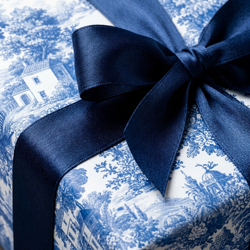 Blue and white toile wrapping paper with a navy satin bow on a luxury gift box by Wrapped Studios.