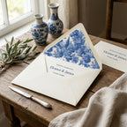 Blue toile wedding invitation envelope liner with elegant chinoiserie pattern by Wrapped Studios.