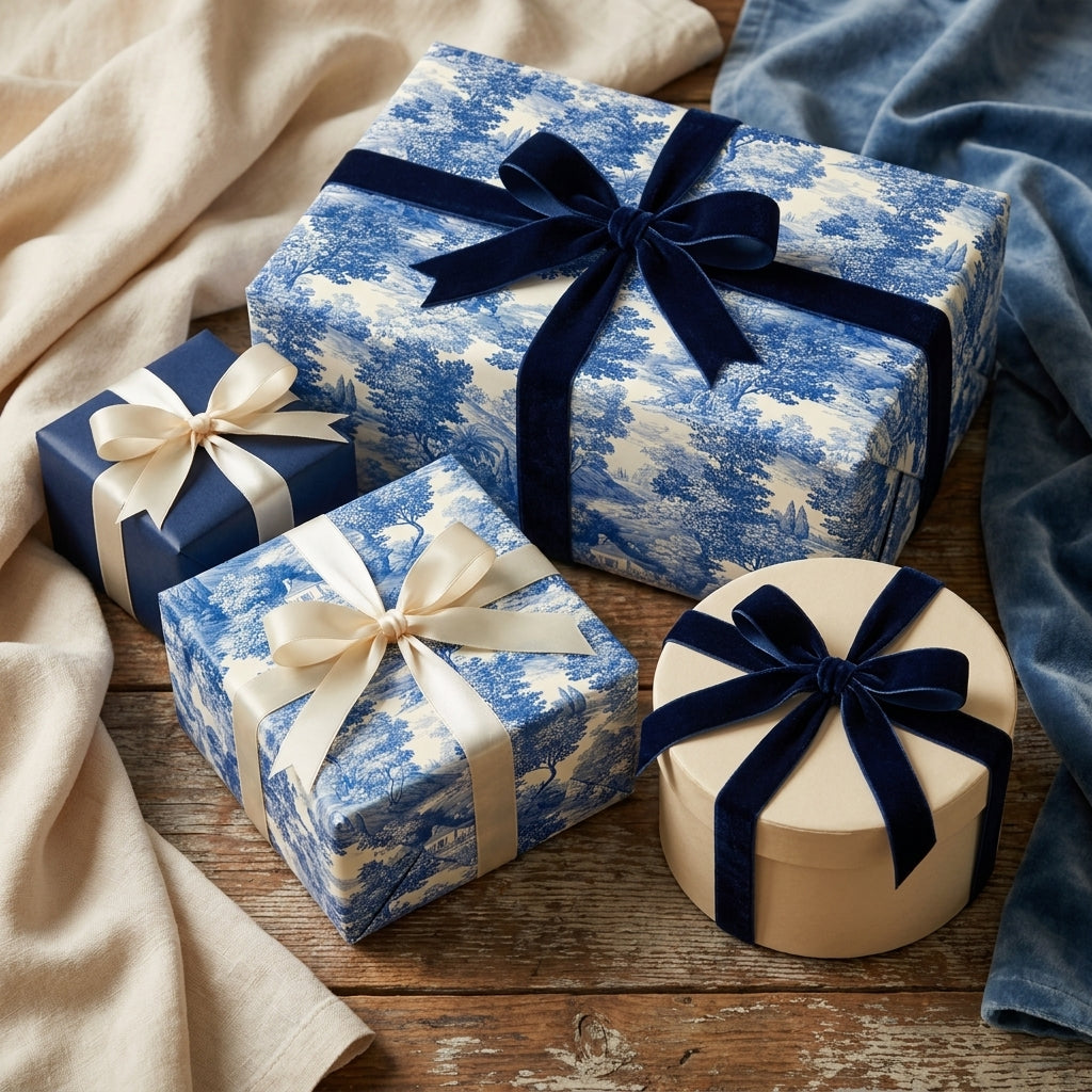 Luxury blue toile wrapping paper on elegant gift boxes with velvet ribbons by Wrapped Studios.