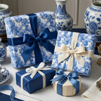 Chinoiserie blue and white toile wrapping paper on luxury gift boxes by Wrapped Studios.