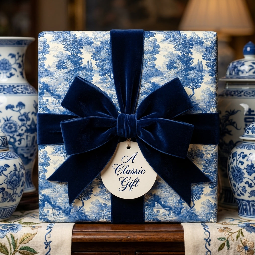 Blue and white toile wrapping paper with a luxury navy velvet bow by Wrapped Studios.