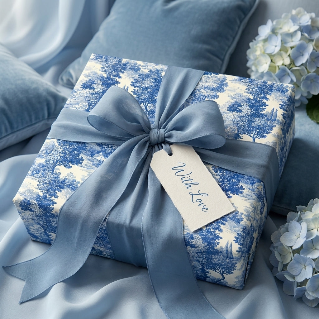 Luxury blue toile wrapping paper with a dusty blue ribbon and tag by Wrapped Studios.