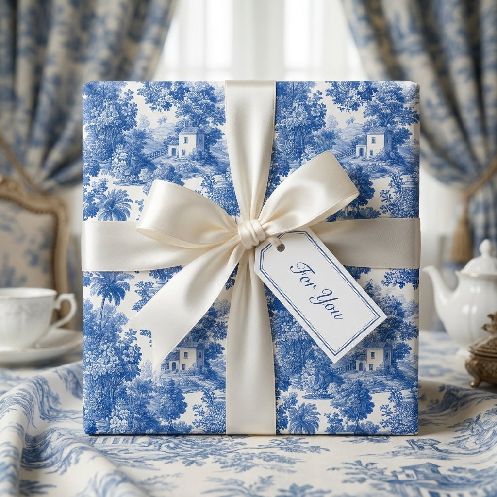 Luxury blue toile wrapping paper with a cream satin bow and gift tag by Wrapped Studios.