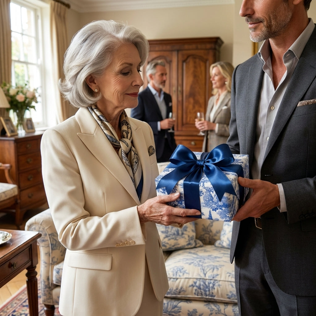 Elegant woman receiving a luxury blue and white floral wrapping paper gift, by Wrapped Studios.