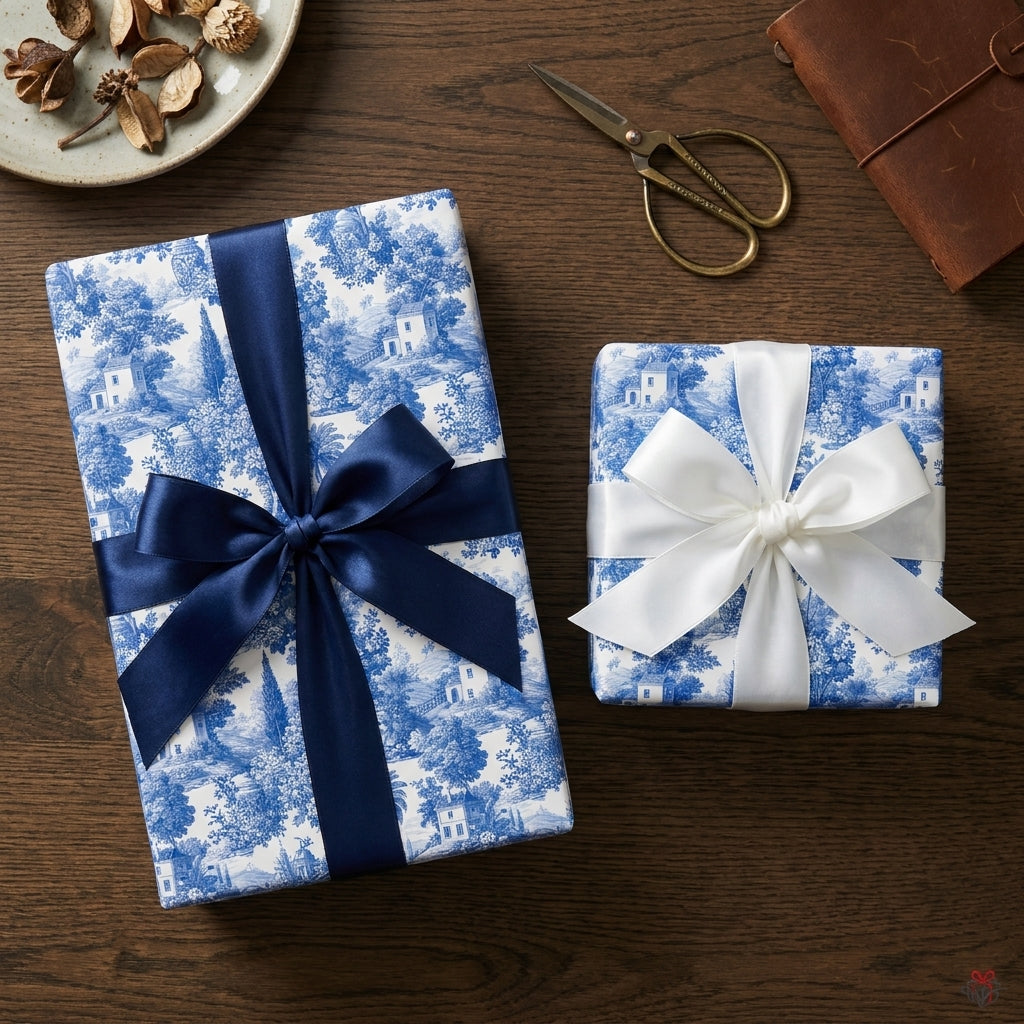 Elegant blue and white toile de jouy wrapping paper with satin ribbons by Wrapped Studios.