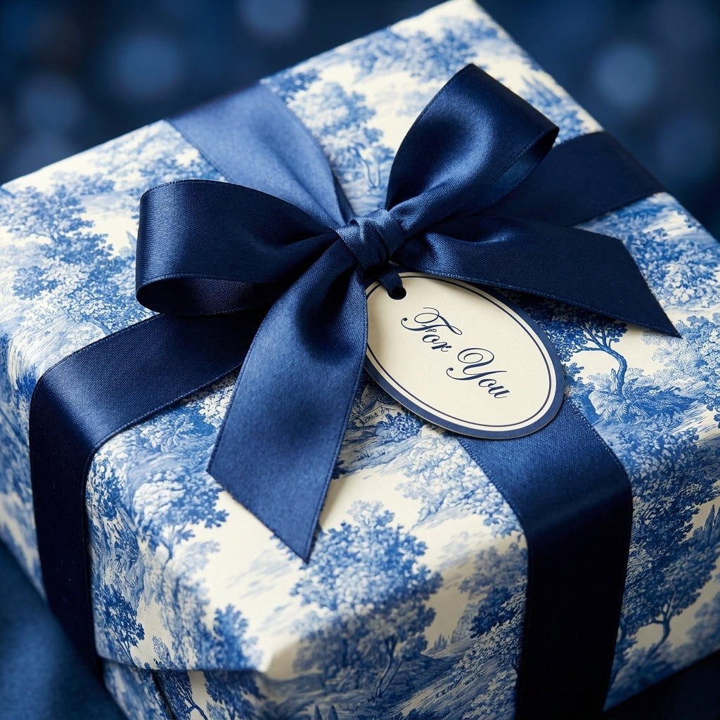Blue toile wrapping paper by Wrapped Studios on a gift box with a luxury navy satin bow and 'For You' tag.