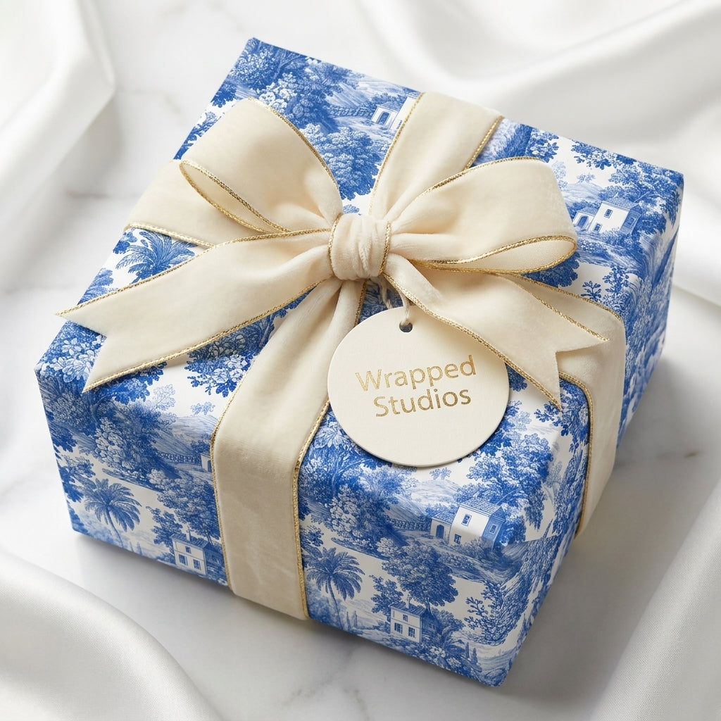 Luxury blue and white toile wrapping paper by Wrapped Studios with a cream velvet ribbon bow.