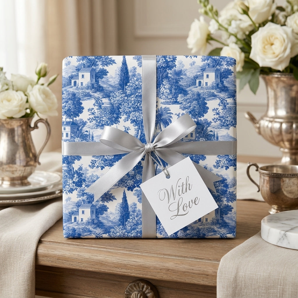 Vintage blue toile wrapping paper with a silver ribbon bow and "With Love" tag by Wrapped Studios.