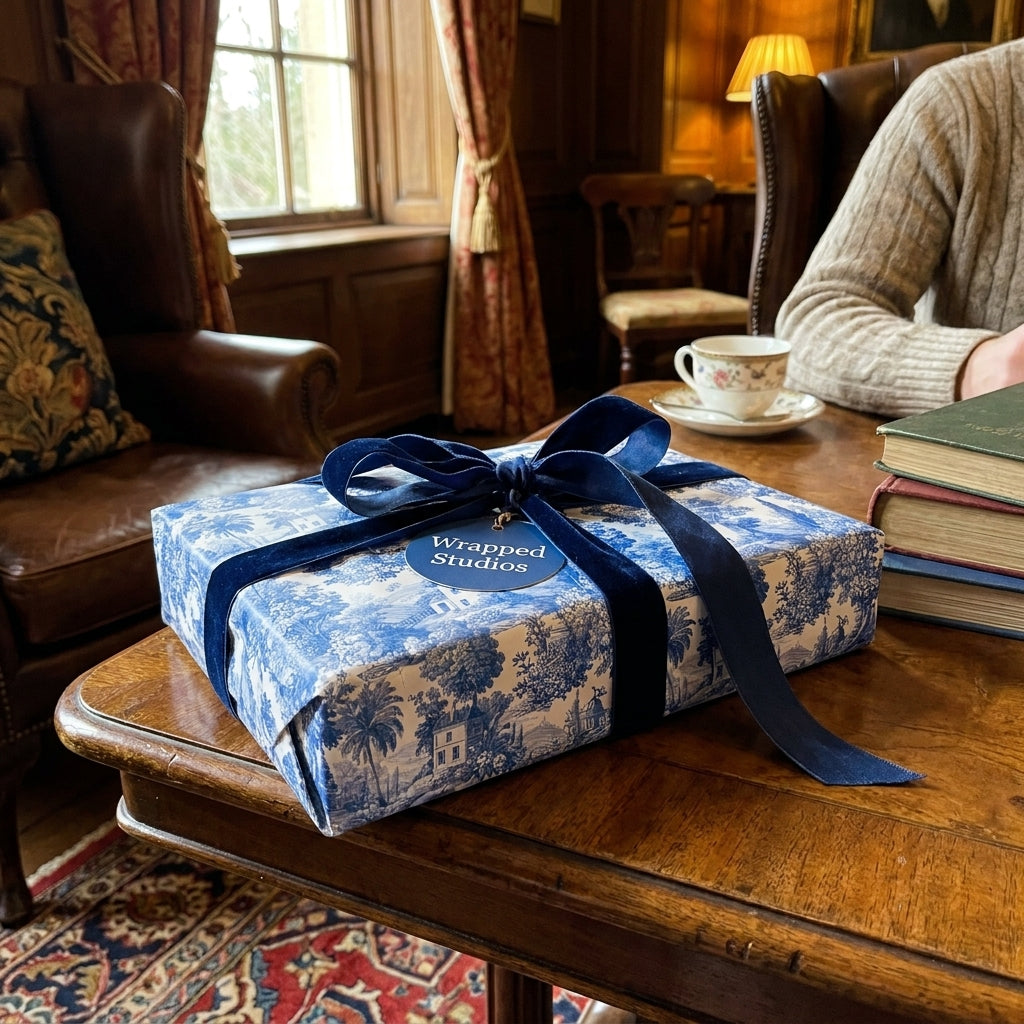 Luxury blue toile wrapping paper with a navy velvet bow by Wrapped Studios on a vintage table.