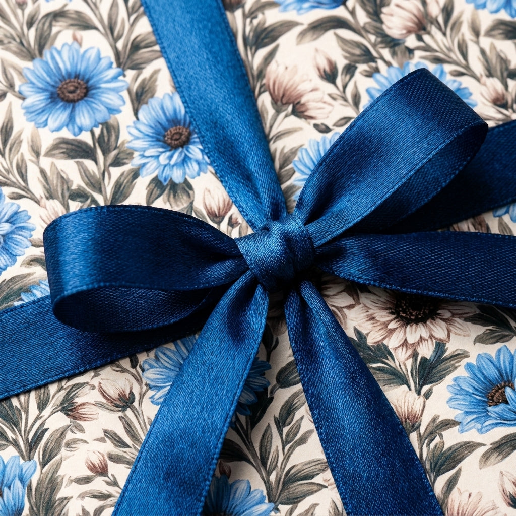 Vintage blue floral wrapping paper with a matching satin ribbon bow, luxury gift wrap by Wrapped Studios.