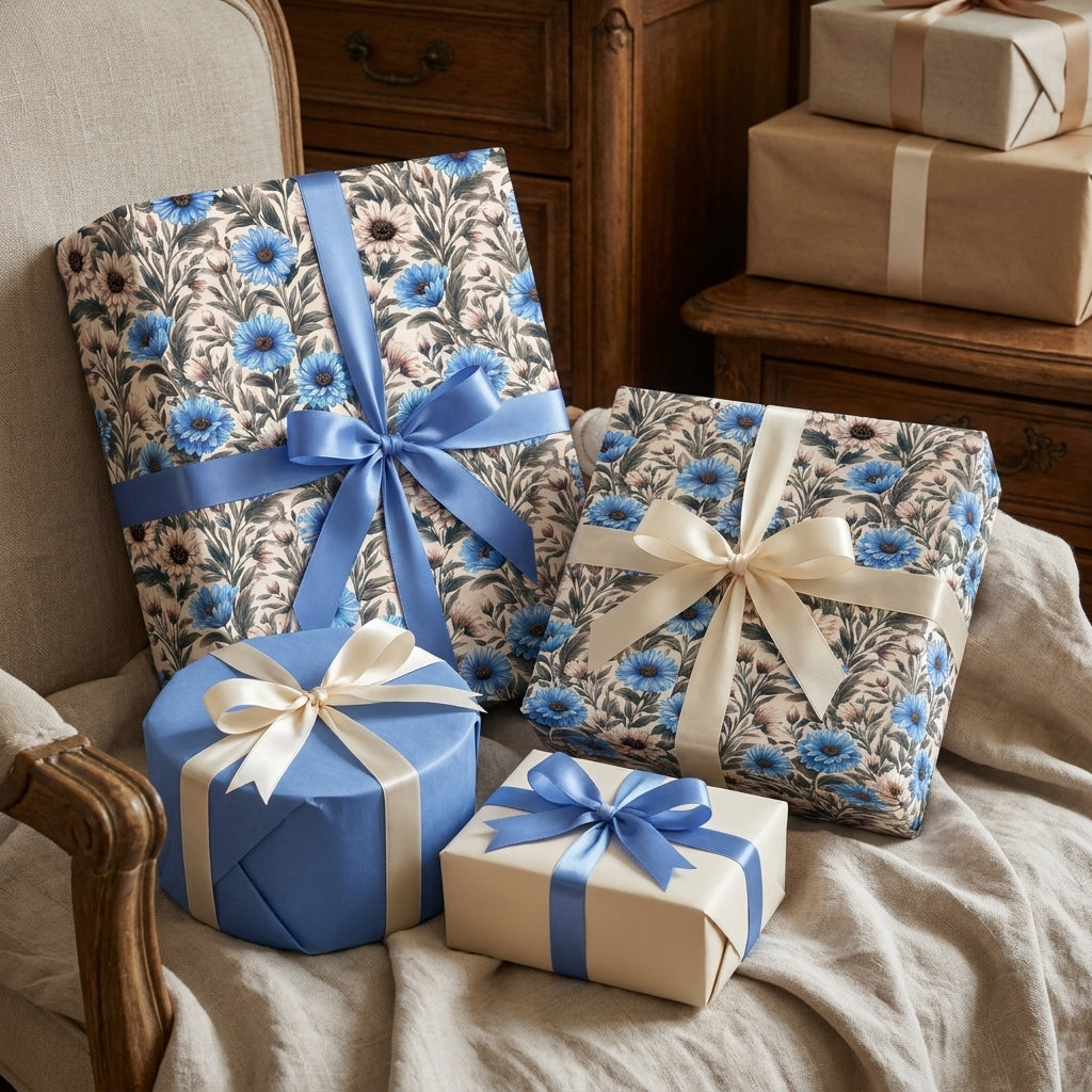 Blue floral wrapping paper on gift boxes with satin bows, luxury vintage gift wrap by Wrapped Studios.