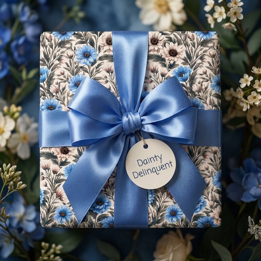 Vintage blue floral wrapping paper with a satin bow on a gift box by Wrapped Studios.