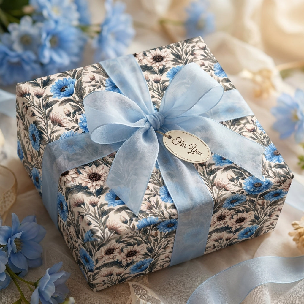 Luxury vintage floral wrapping paper by Wrapped Studios with a blue organza ribbon and gift tag.
