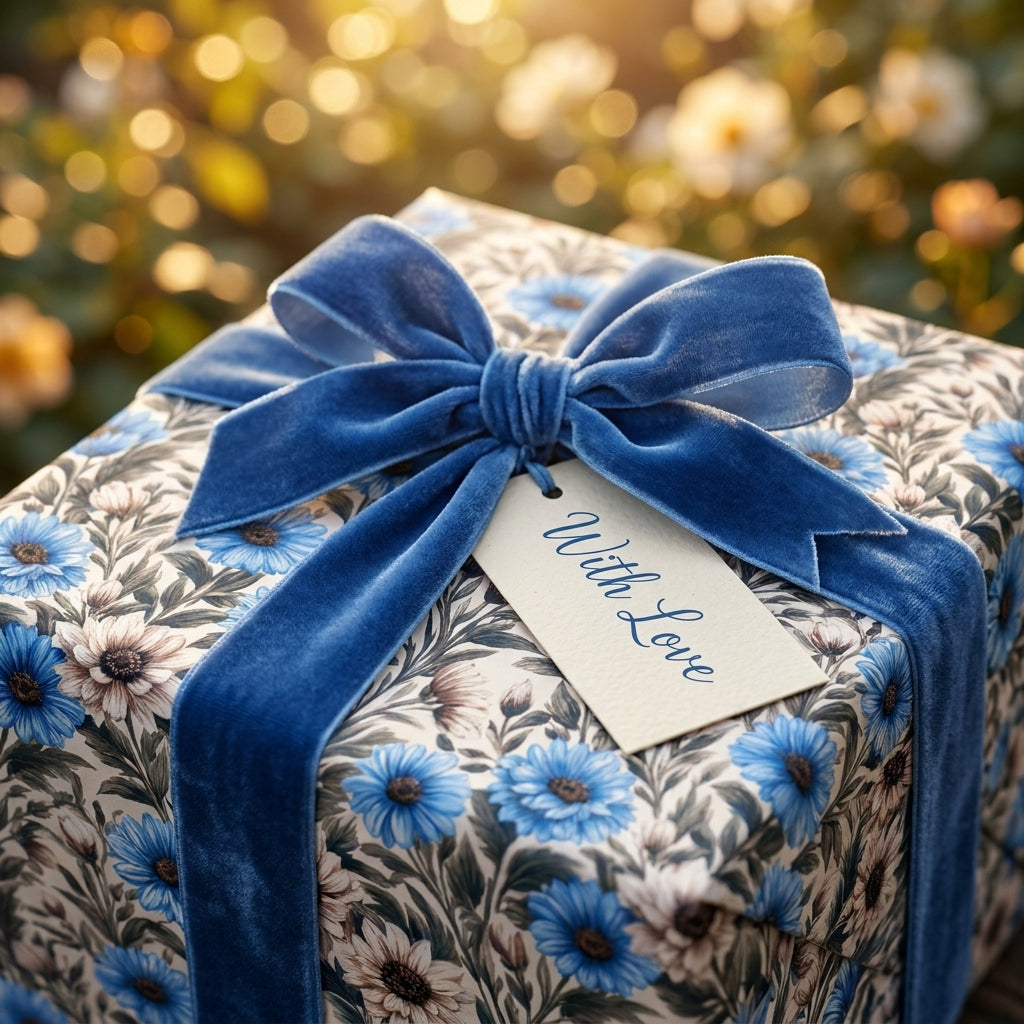 Luxury blue floral wrapping paper with a velvet bow and 'With Love' tag by Wrapped Studios.