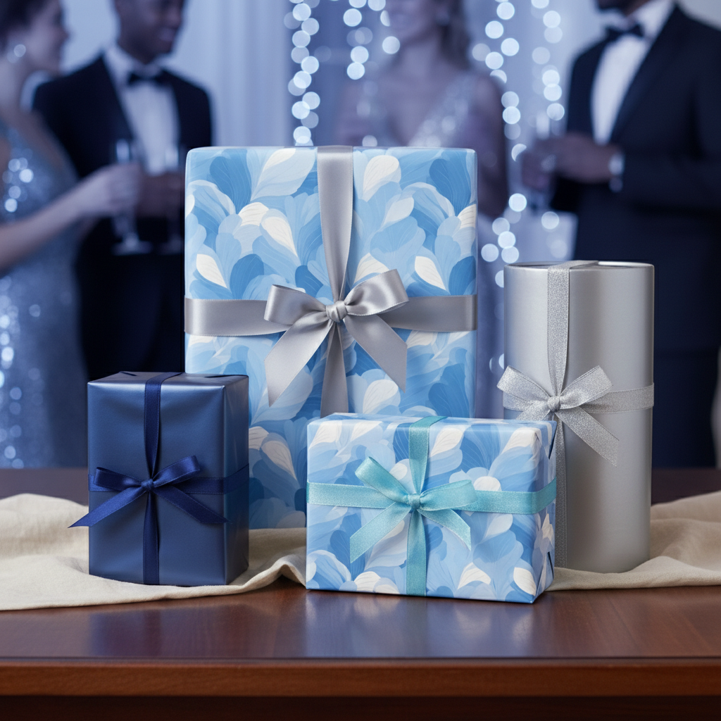 Elegant blue and silver gift wrap with floral pattern for birthday or formal event presents.