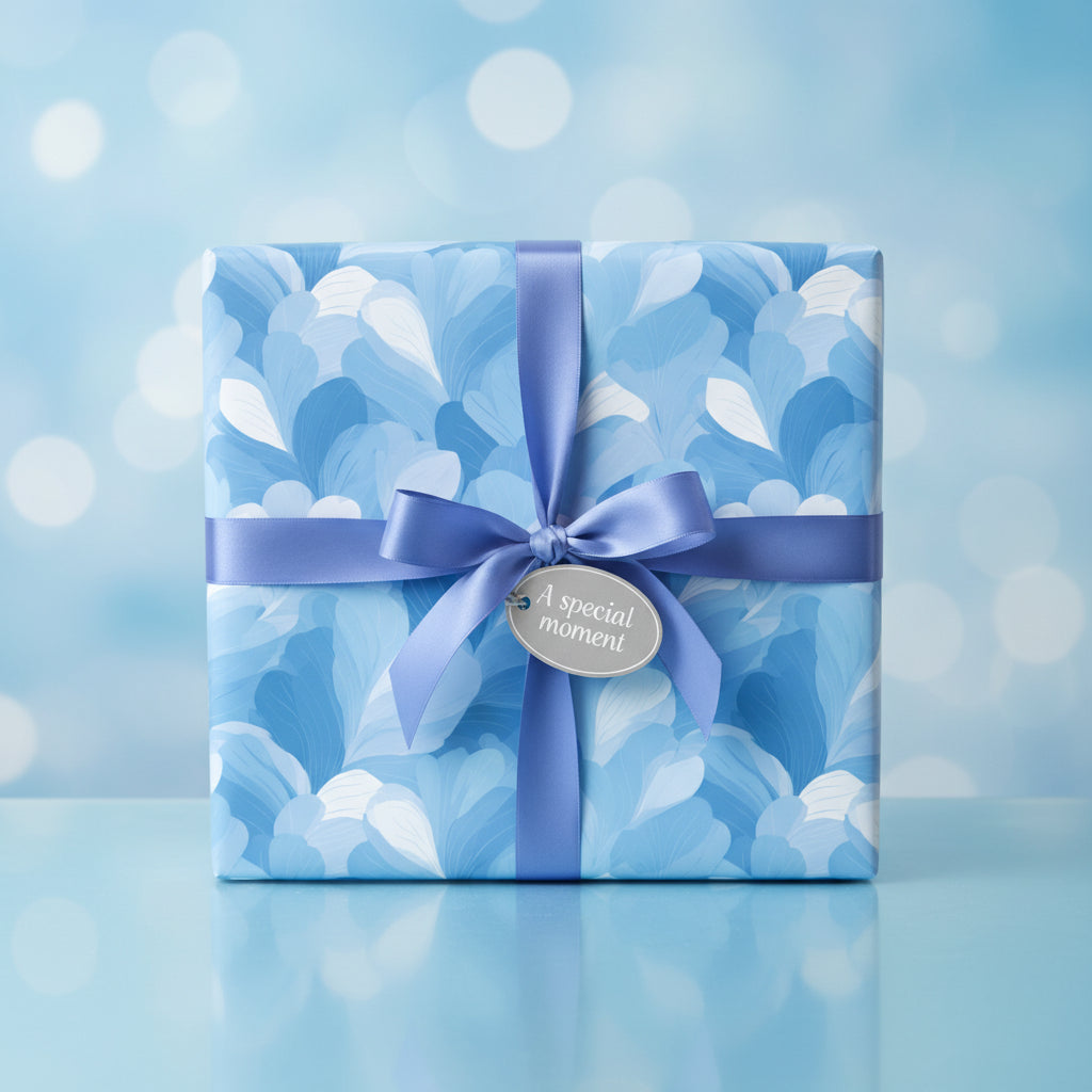 Elegant gift wrapped in blue floral wrapping paper with satin ribbon and "A special moment" tag.