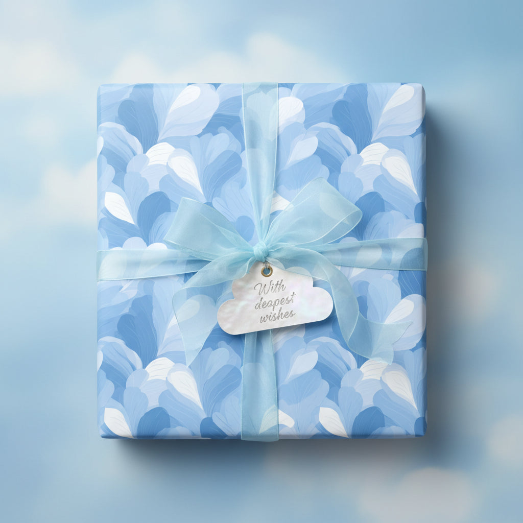 Wrapped gift with blue floral wrapping paper, soft blue ribbon, and cloud-shaped tag reading "With deepest wishes".