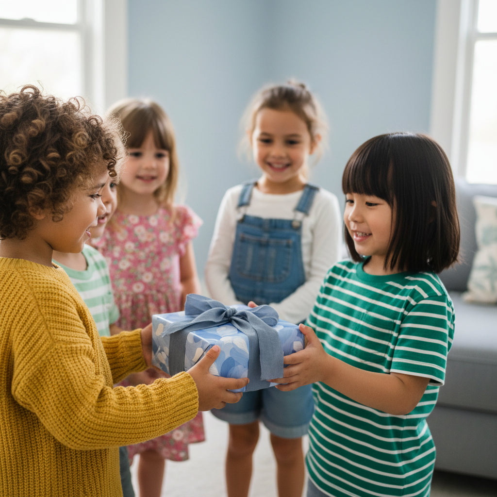 Kids exchanging a birthday gift wrapped in blue patterned wrapping paper with a matching ribbon.