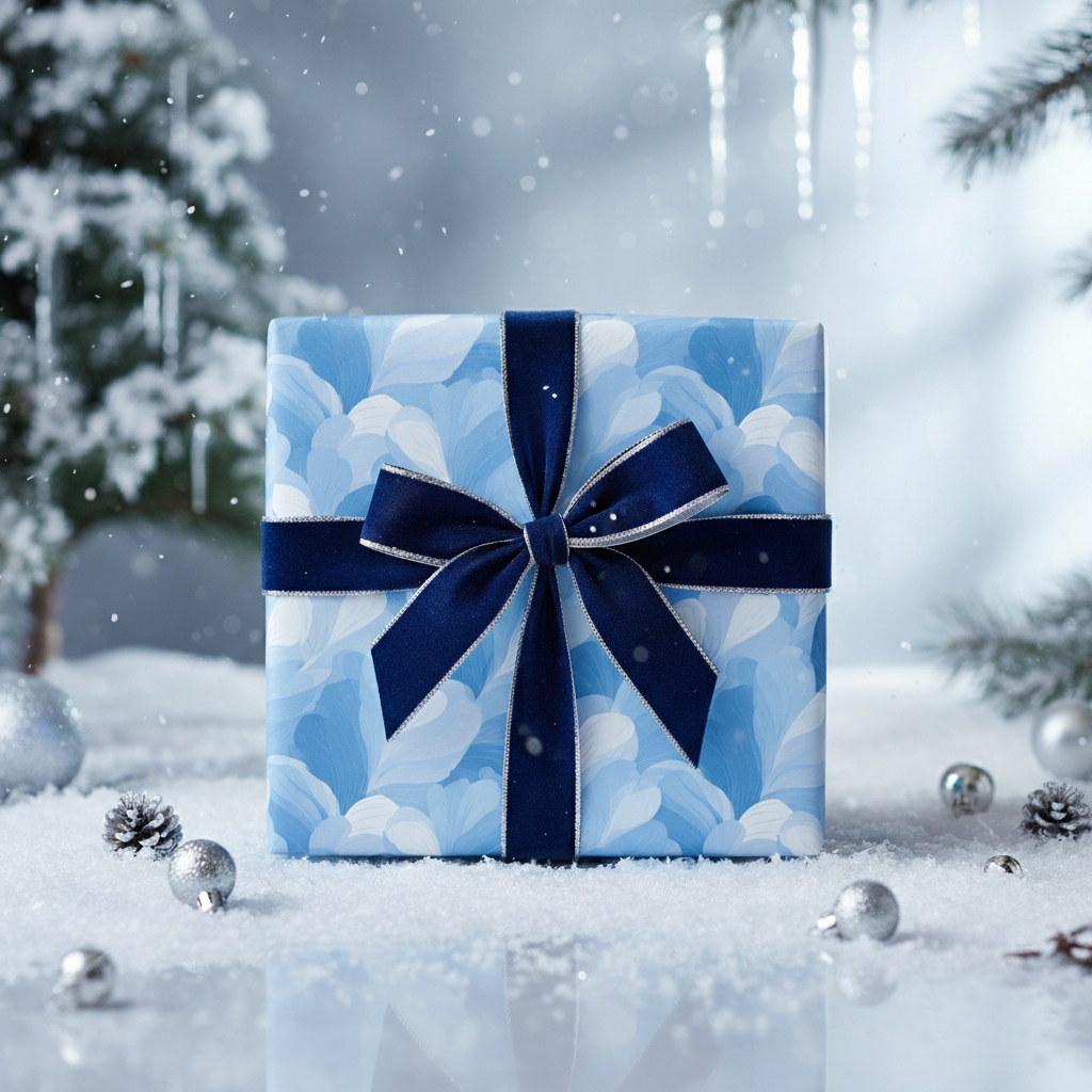 Elegant Christmas gift with blue floral wrapping paper and navy ribbon.
