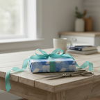 Blue birthday wrapping paper with ribbon on a rustic wood table.