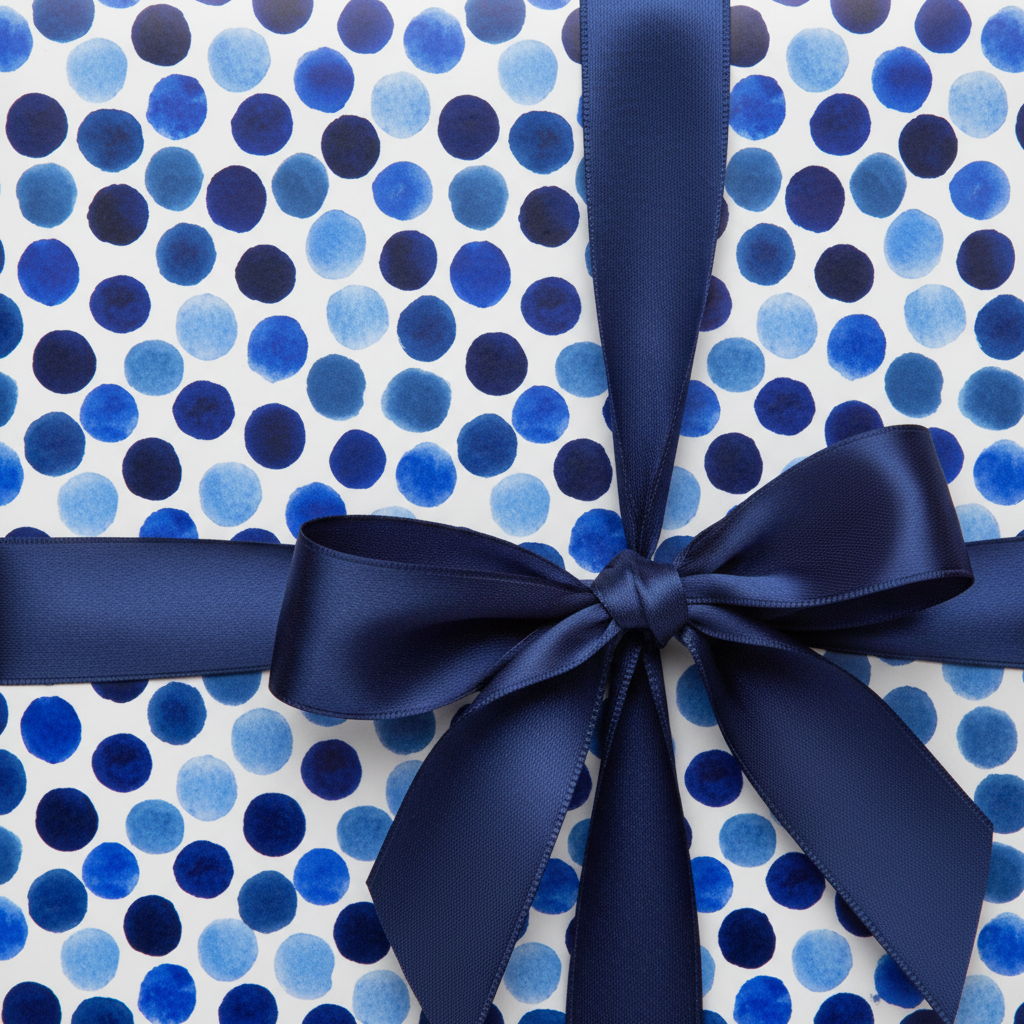 Navy blue ribbon on gift wrapped in watercolor polka dot wrapping paper.