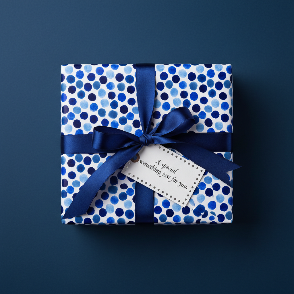 Gift wrapped in blue polka dot wrapping paper with a navy ribbon and gift tag.