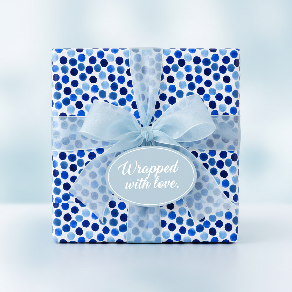 Square gift wrapped in blue polka dot paper, tied with sheer blue ribbon, and a "Wrapped with love" tag.