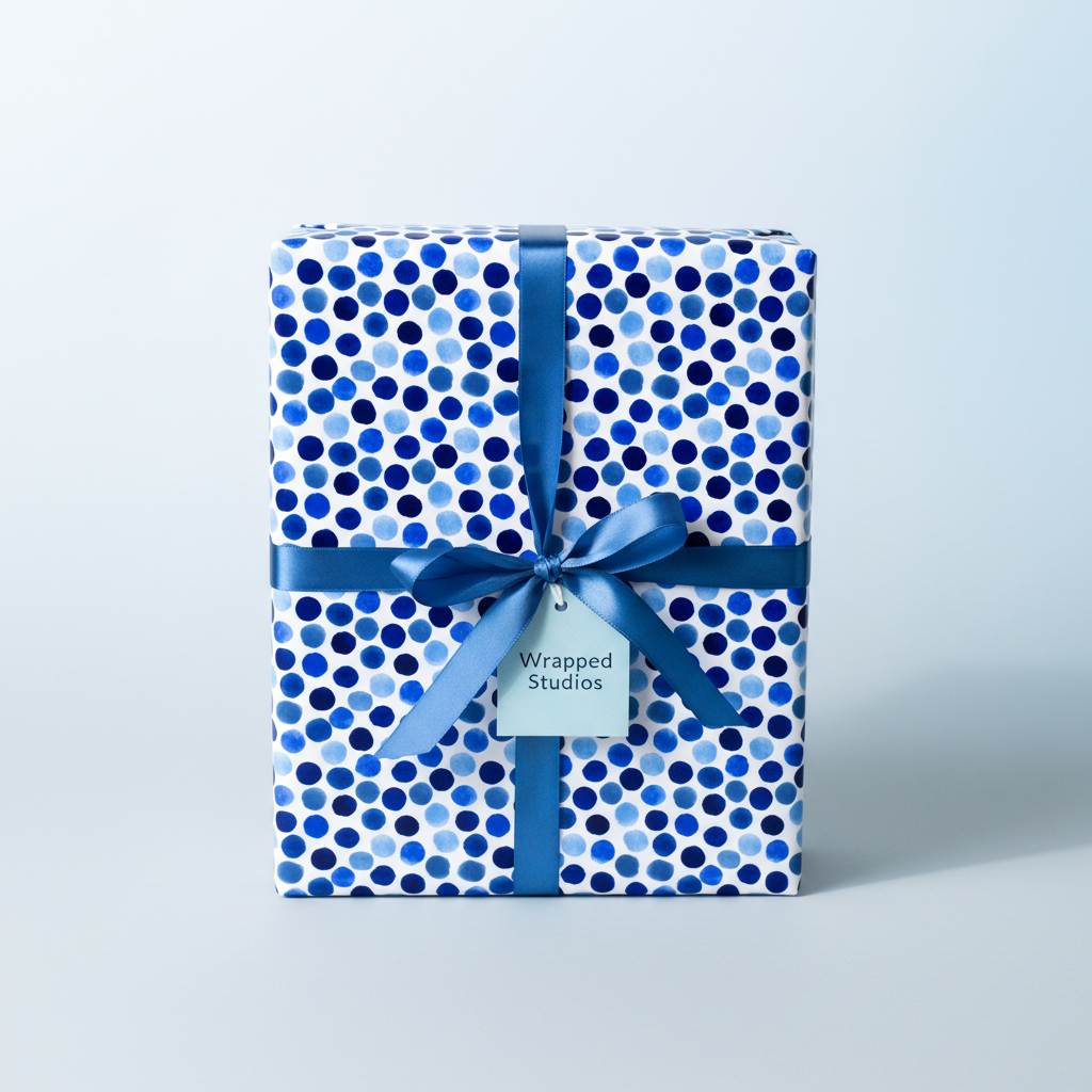 Blue polka dot wrapping paper with ribbon and gift tag, perfect for birthday presents.