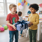 Boy handing over a birthday gift wrapped in blue polka dot paper with a dark blue velvet ribbon.