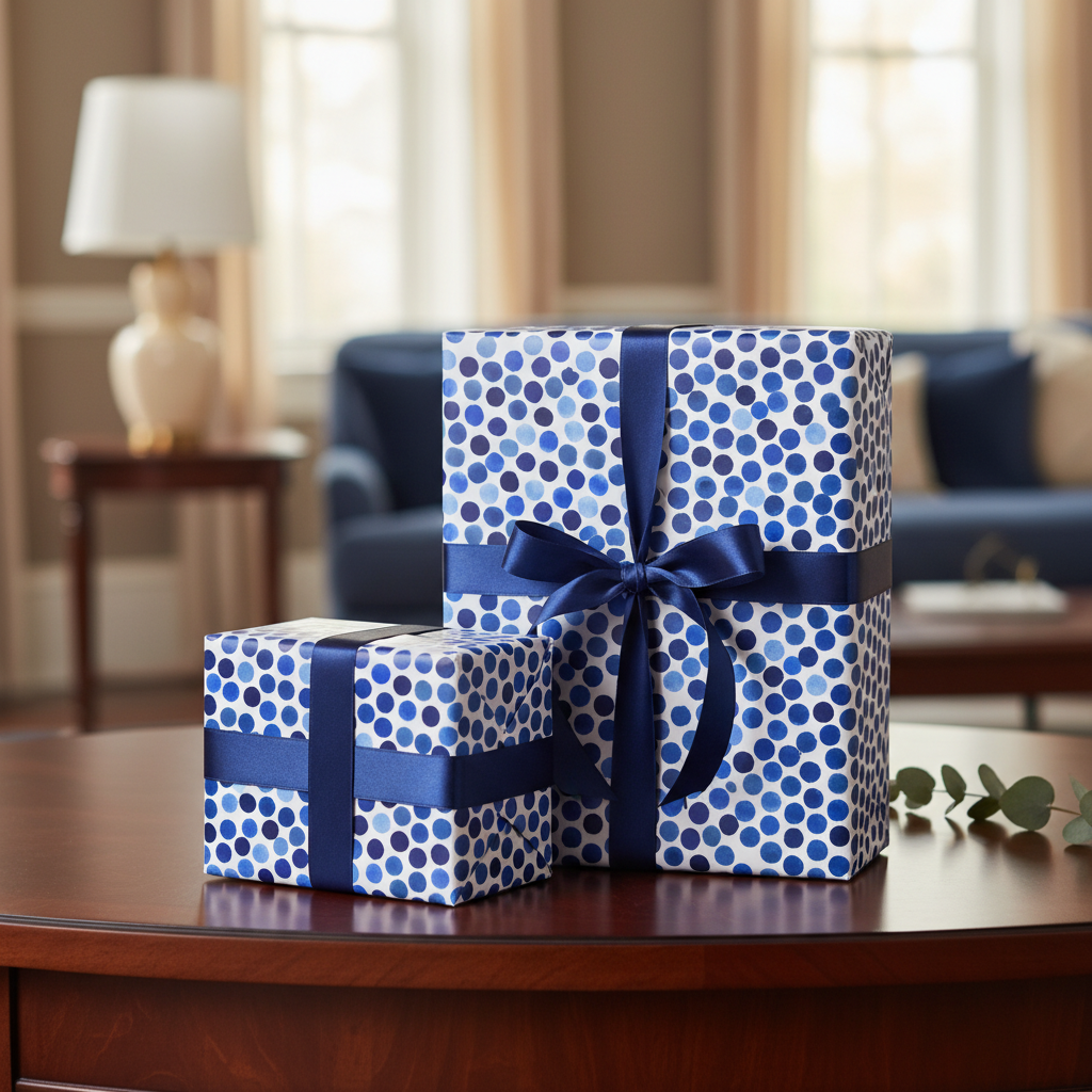 Two gifts wrapped in blue polka dot wrapping paper with navy ribbon, on a wooden table.