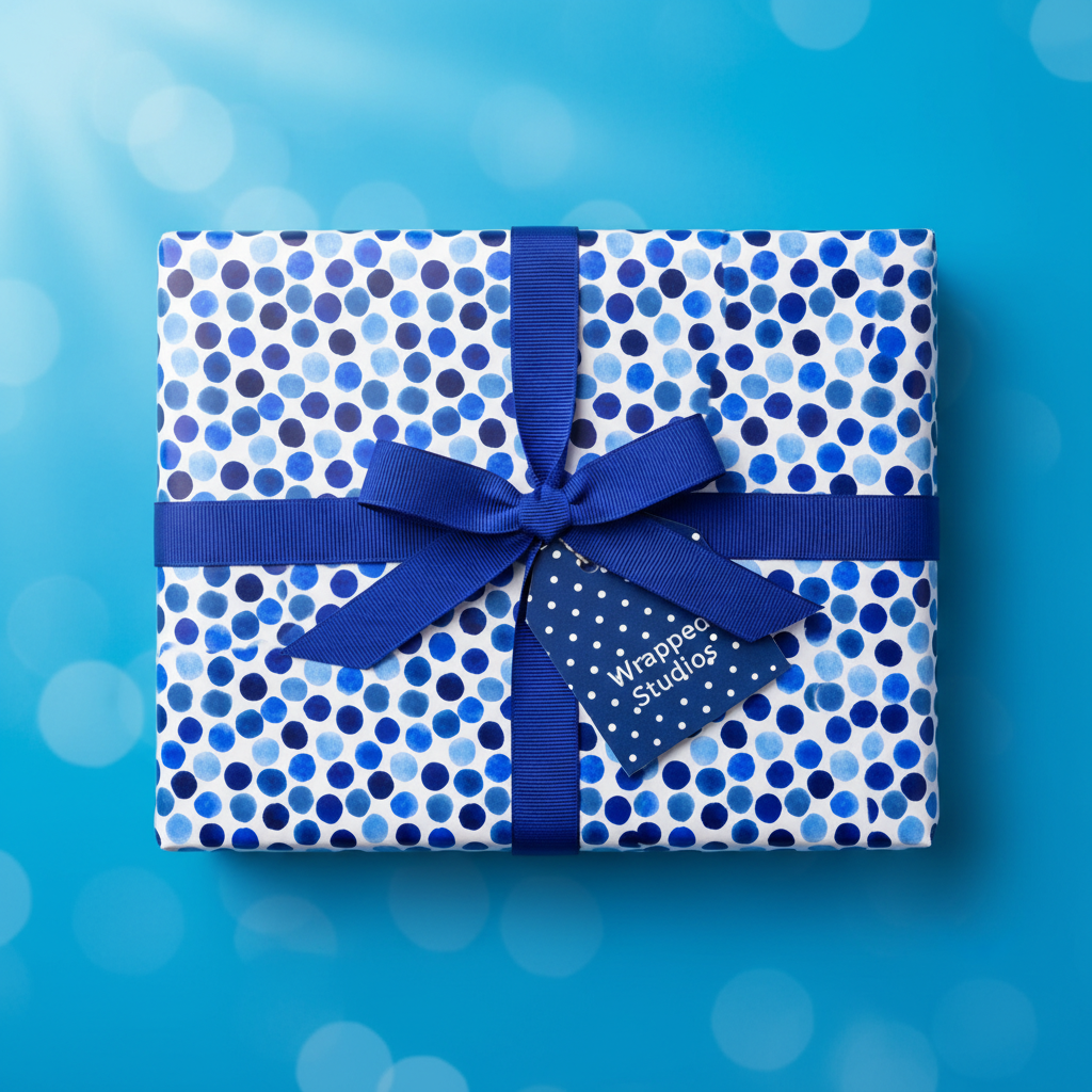 Gift box wrapped in blue polka dot wrapping paper with a matching ribbon and tag.