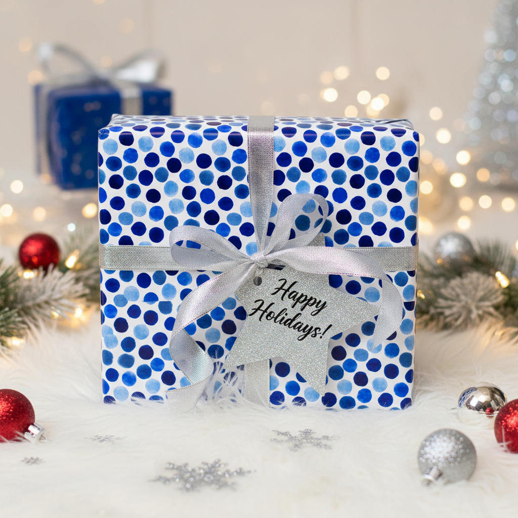 Chic blue polka dot wrapping paper with silver ribbon and "Happy Holidays" tag, perfect for Christmas gifts.