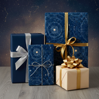 Elegant navy gift boxes wrapped in celestial star map wrapping paper with gold and silver ribbon.