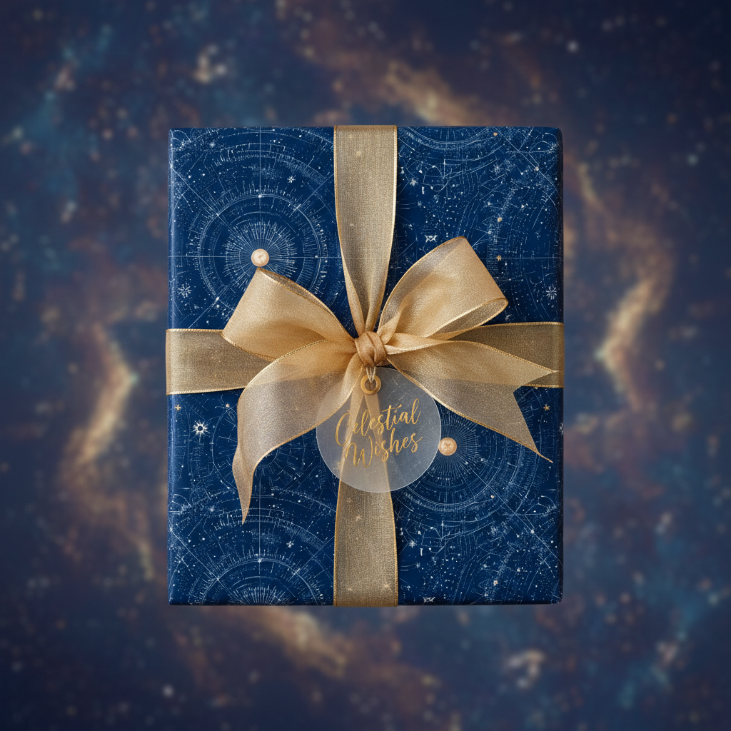 Navy celestial wrapping paper with gold ribbon and bow for a beautifully wrapped gift.