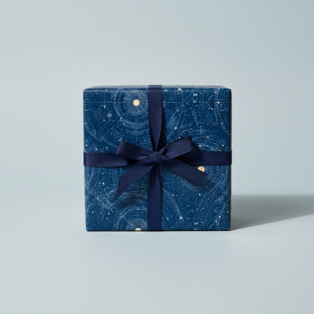 Elegant navy blue wrapping paper with a celestial pattern and ribbon, perfect for birthday gift wrap or special occasions.