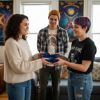Woman gives a blue birthday gift wrap to friend, tied with navy ribbon.