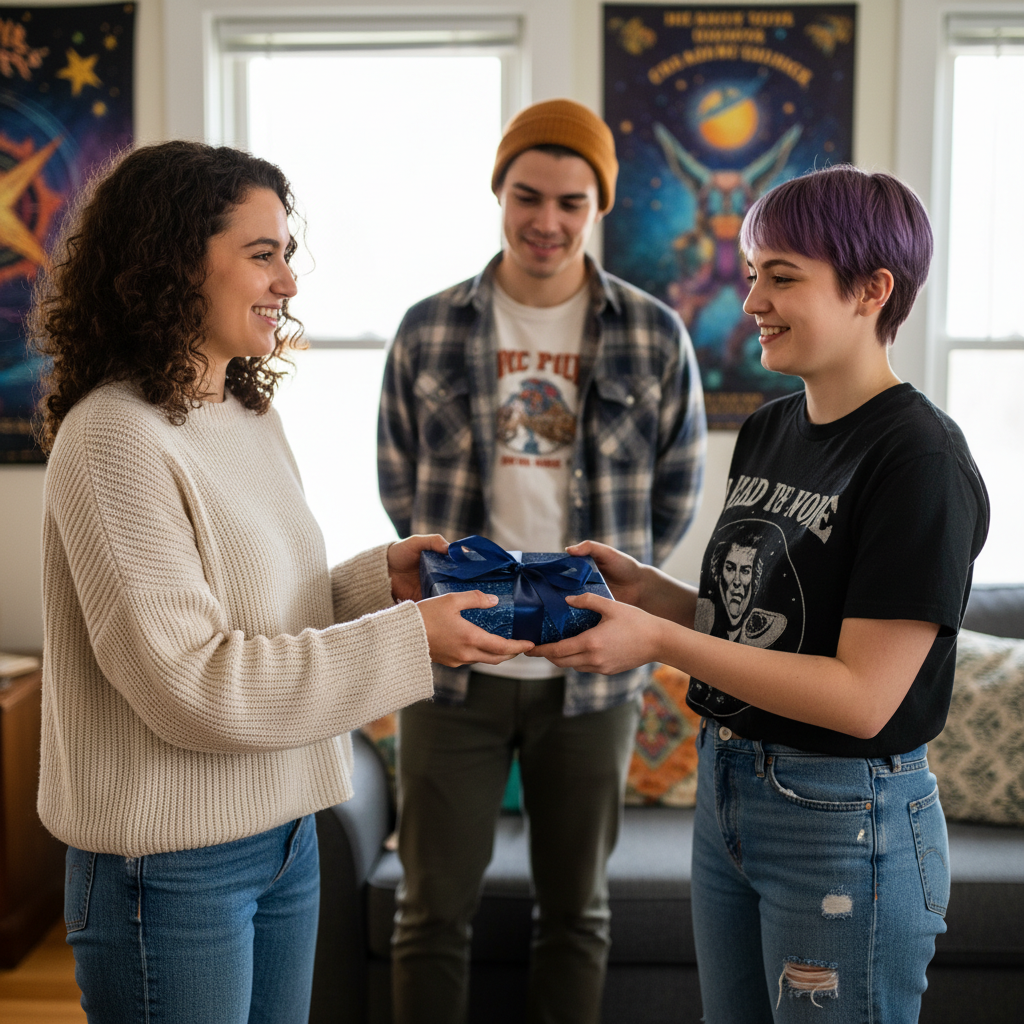 Woman gives a blue birthday gift wrap to friend, tied with navy ribbon.