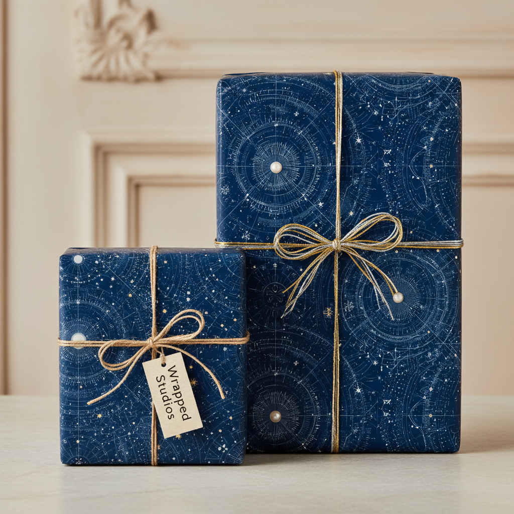 Elegant navy wrapping paper featuring a celestial constellation pattern, tied with gold string and a delicate twine bow.