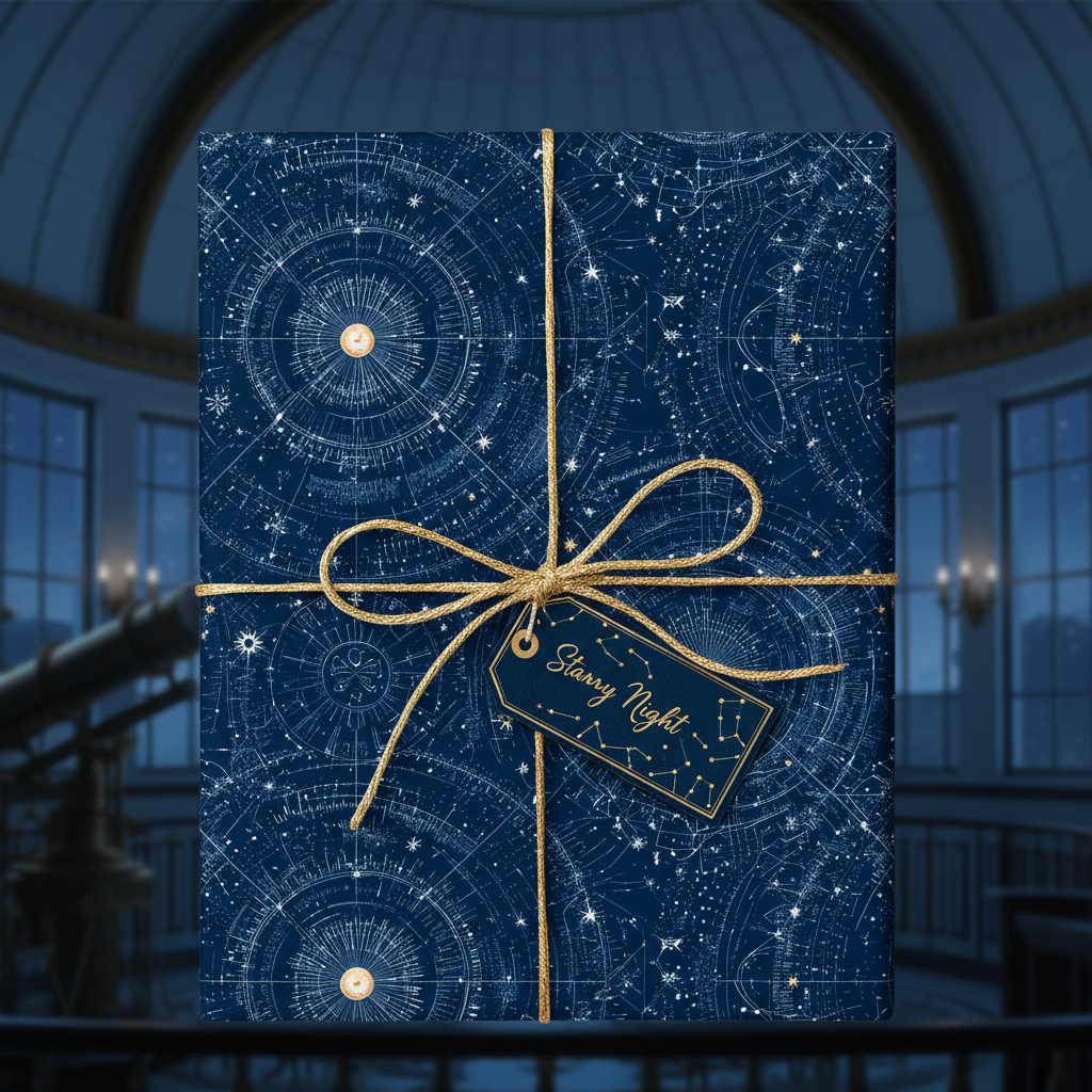 Elegant blue wrapping paper with a celestial map design, tied with gold string and a "Starry Night" gift tag.