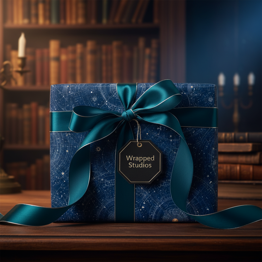 Elegant navy gift box wrapped in constellation patterned paper with teal ribbon bow.