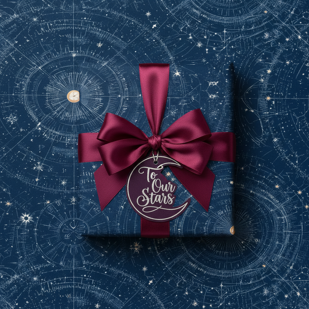 Elegant navy gift wrap with celestial map design, burgundy satin bow, and "To Our Stars" tag.