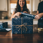 Elegant navy gift wrap with constellation pattern, tied with rustic twine, for birthday or special occasion.