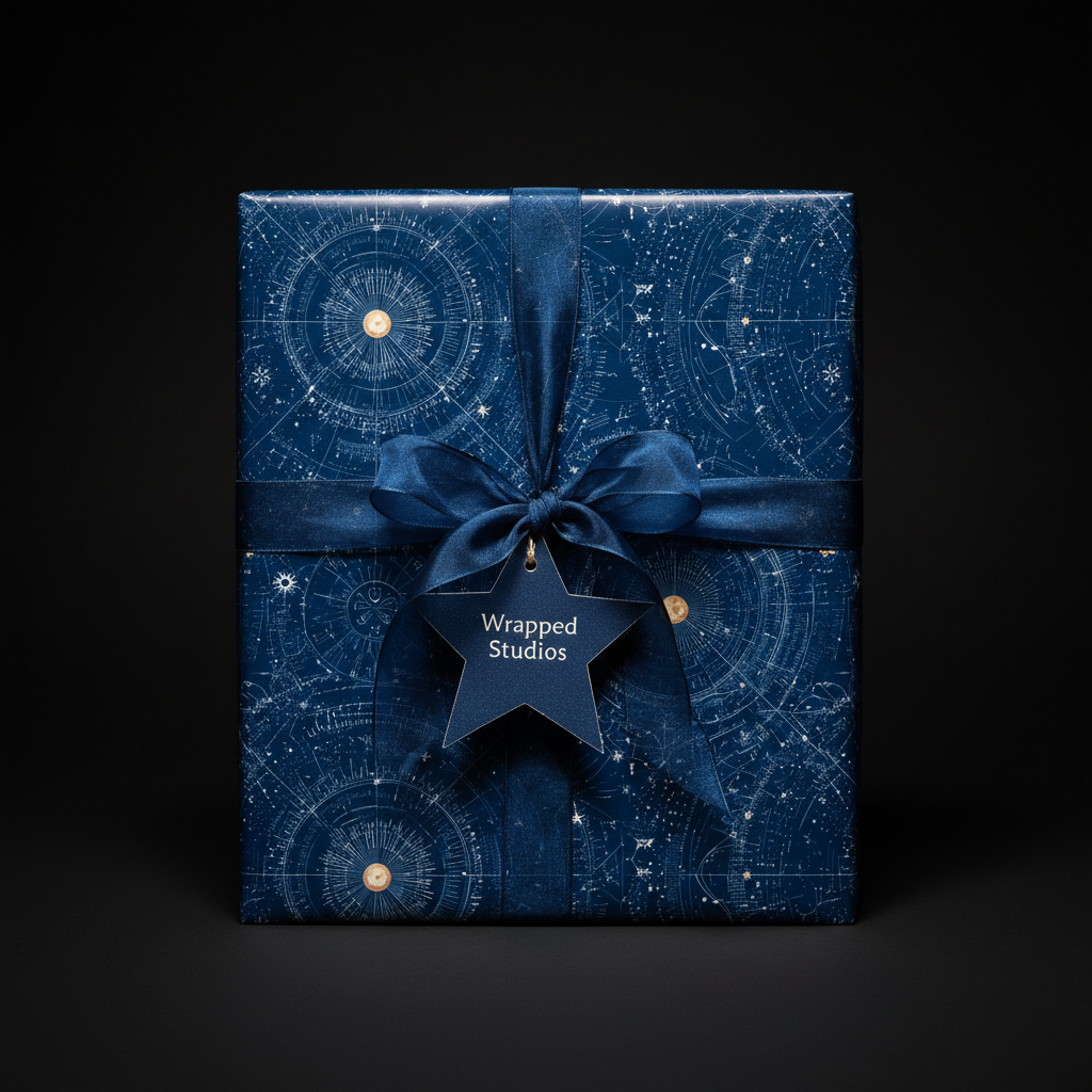 Elegant gift wrapped in blue constellation wrapping paper with satin ribbon and star tag.