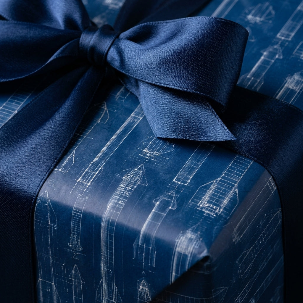 Navy blue rocket blueprint wrapping paper with a matching satin bow by Wrapped Studios.