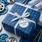 Blue rocket blueprint wrapping paper on a gift box with a white ribbon bow by Wrapped Studios.